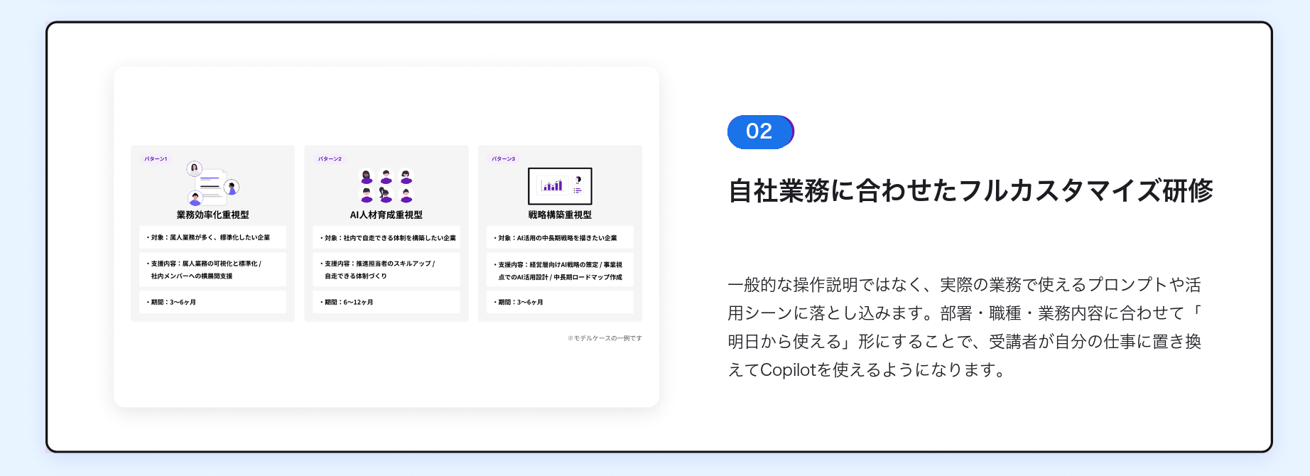 Copilot研修が選ばれる理由 02 自社業務に合わせたフルカスタマイズ研修